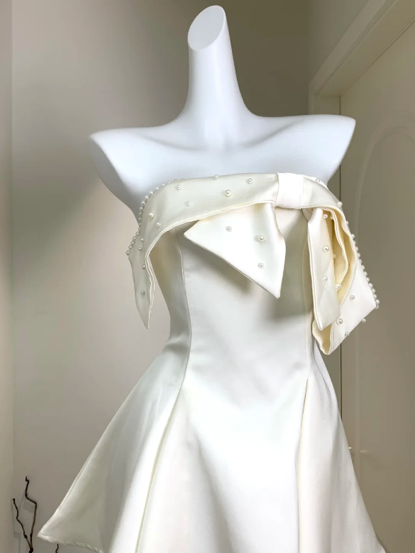 Elegant Ivory Strapless Satin A Line Mini Dress With Pearl-Embellished Bow - Homecoming & Sweet 16 Party Dress AS204