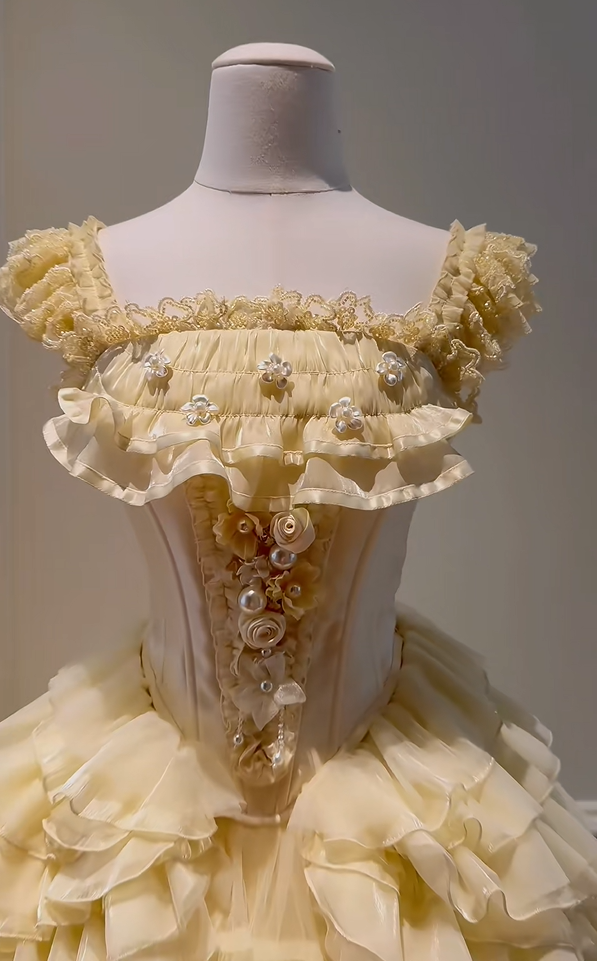Sweety Light Yellow Ruffled Tulle Corset Mini Straps Homecoming Dress With 3D Floral Applique Sweet 16 Party Dress AS206