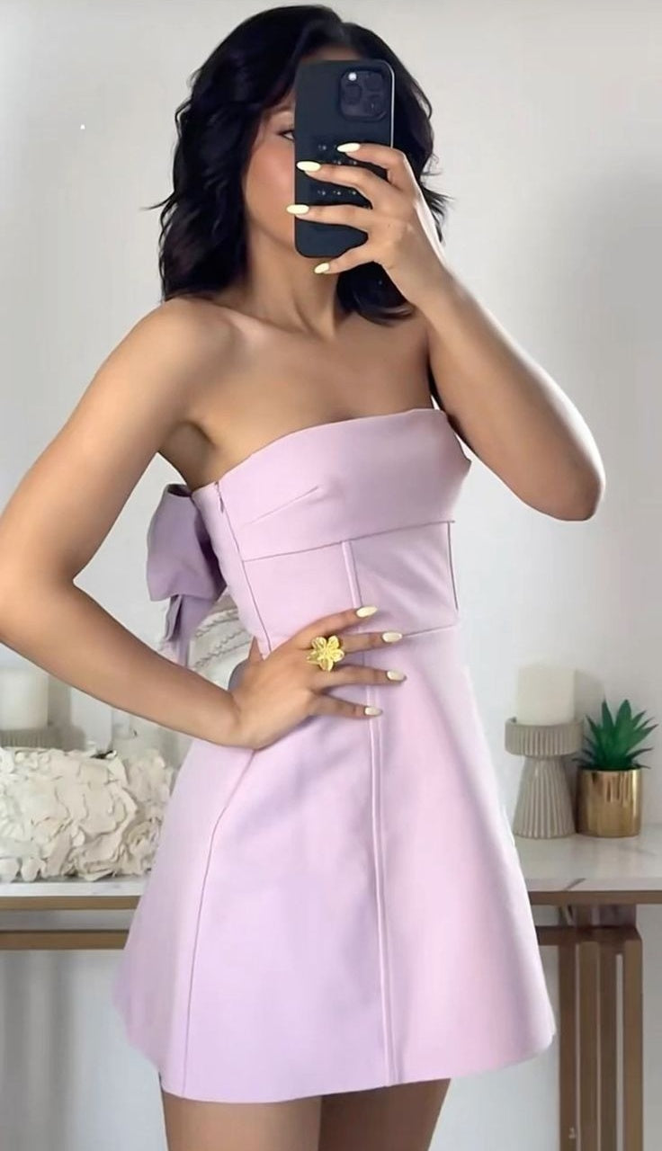 Sleek Lilac Strapless A Line Short Homecoming Dress With Back Bow AS2120