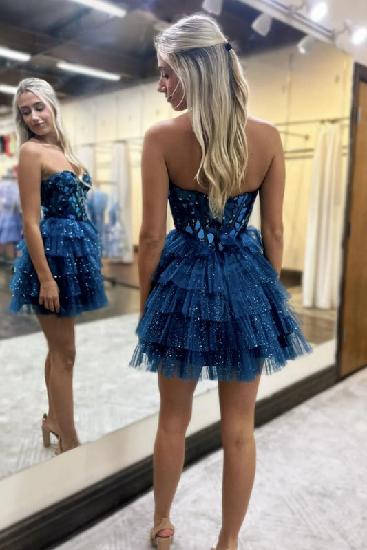 Lovely A Line Sweetheart Tulle Homecoming Dress With Short Tiered Skirt And Mirror Trim AS216