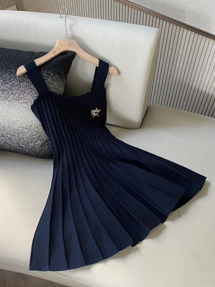 Chic Navy Blue Knit Wide Strap Square Neck Rhinestone Star Brooch Pleated A Line Short Homecoming Dress AS2213