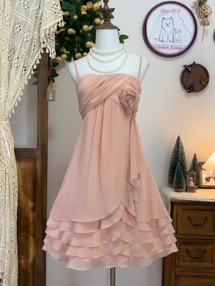 Elegant Peach Chiffon Spaghetti Straps 3D Flower Accent Tiered Ruffle A Line Short Homecoming Dress AS2234