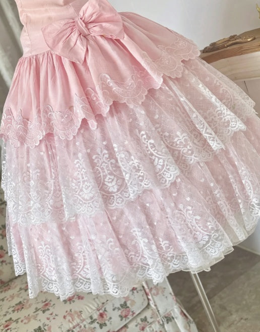 Delicate Light Pink Spaghetti Straps Ruffled Bodice Waist Large Side Bow Multi‑Tiered Lace A Line Midi Homecoming Dress AS2271