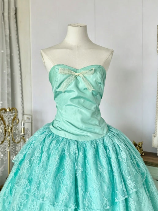 Fresh Mint Green Strapless Sweetheart Neck Small Front Bow Ruched Bodice Tiered Lace A Line Midi Homecoming Dress AS2272
