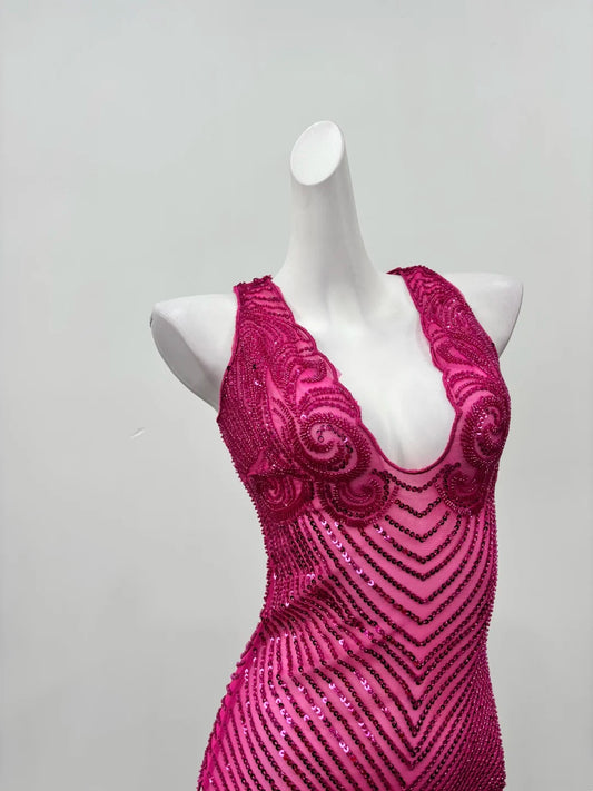 Dazzling Fuchsia V‑Neck Sleeveless Sequin Beaded Fringe Mesh Side Slit Bodycon Short Homecoming Dress AS2289