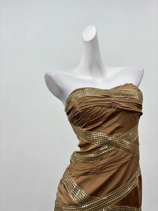 Luxe Brown Strapless Crisscross Gold Sequin Ruched Bodycon Short Homecoming Dress AS2293