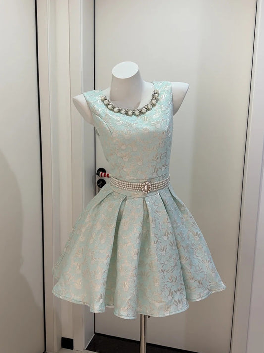 Elegant Light Teal Sleeveless Round Neck Jacquard Pearl Beaded Collar Beaded Belt A Line Short Homecoming Dress AS2300