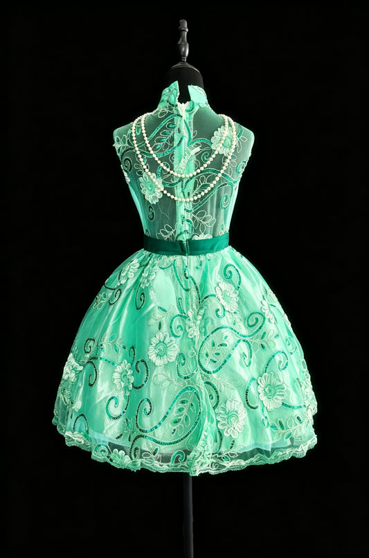 Vivid Green High Neck Illusion Mesh 3D Floral Applique Sequin Embroidered Tulle A Line Short Homecoming Dress AS2330