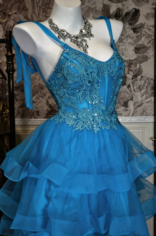 Eye‑Catching Blue V‑Neck Tie Straps Floral Lace Corset Lace‑Up Back Tiered Ruffle Tulle A Line Short Homecoming Dress AS2333