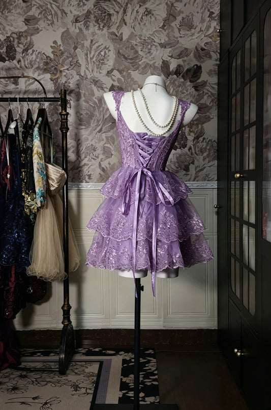 Delicate Lavender Sweetheart Wide Lace Straps Corset Bodice Tiered Ruffled Lace Sequin Tulle A Line Short Homecoming Dress AS2334