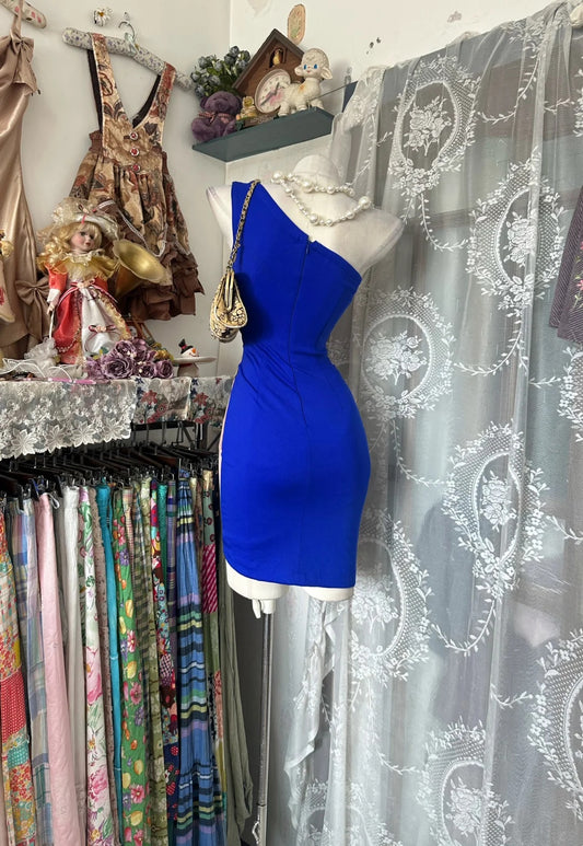 Stunning Royal Blue One Shoulder Rhinestone Trim Keyhole V‑Neck Ruched Side Nude Mesh Inset Bodycon Short Homecoming Dress AS2341