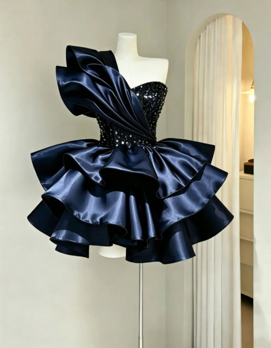 Luxe Navy One Shoulder Sequin Corset Satin Ruffle Layered A Line Short Homecoming Dress AS2244