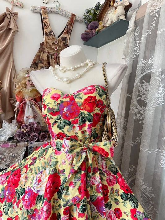 Vivid Yellow Multi‑Colored Rose Floral Print Strapless Sweetheart Bow Waist A Line Short Homecoming Dress AS2347