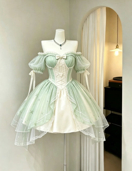 Romantic Pink Off‑Shoulder Short Puff Sleeve Corset Big Satin Bow Star Tulle A Line Short Homecoming Dress AS2249