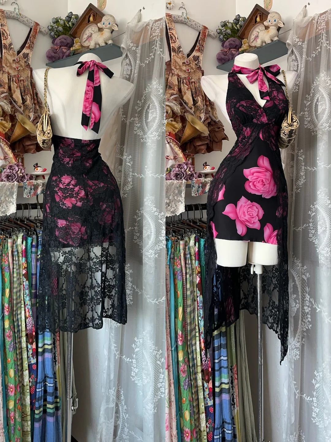 Alluring Black Pink Floral Halter Tie V‑Neck Lace Sheer High‑Low Bodycon Short Homecoming Dress AS2352