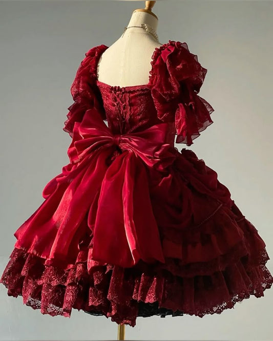 Luxurious Burgundy Square Neck Puff Short Sleeve Ruffled Lace Draped Floral Tiered A Line Short Homecoming Dress With Big Bow AS2254