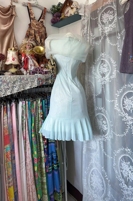 Delicate Mint Green Round Neck Sleeveless Big Sheer Bow Accent Ruffle Hem Mermaid Midi Homecoming Dress AS2362