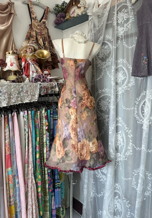 Romantic Burgundy Velvet Bodice Floral Print Spaghetti Strap Bow Detail Ruffle Hem Mermaid Midi Homecoming Dress AS2365
