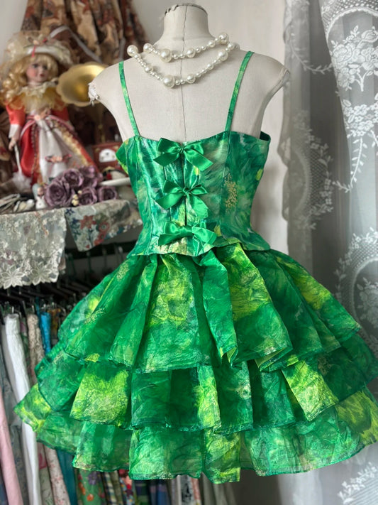Eye‑Catching Green Floral Spaghetti Strap Corset Bodice Back Bows Tiered Ruffle A Line Short Homecoming Dress AS2371