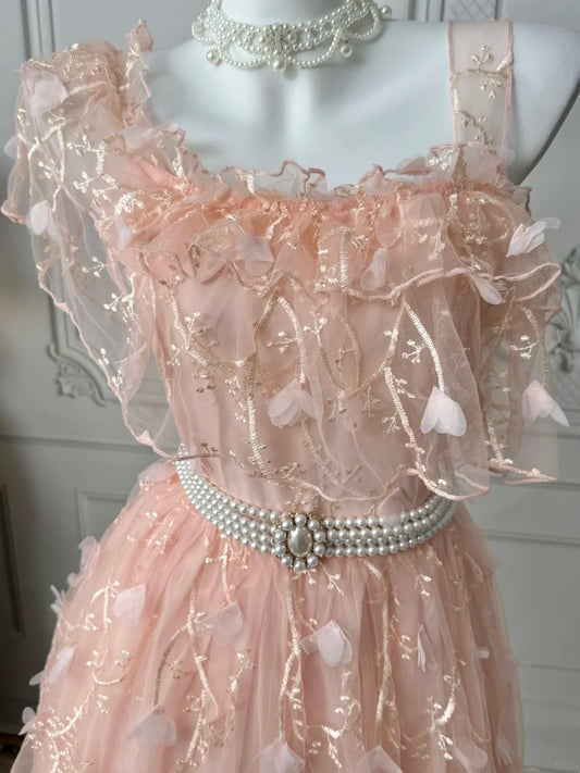 Romantic Peach Pink Asymmetrical Ruffle Neck 3D Floral Appliques A‑Line Short Homecoming Dress With Pearl Waist Belt AS2377