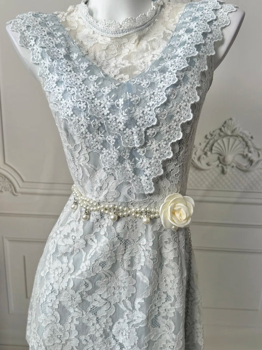 Delicate Soft Blue White Floral Lace Sleeveless High Neck A‑Line Short Homecoming Dress With Pearl Flower Waist Sash AS2378