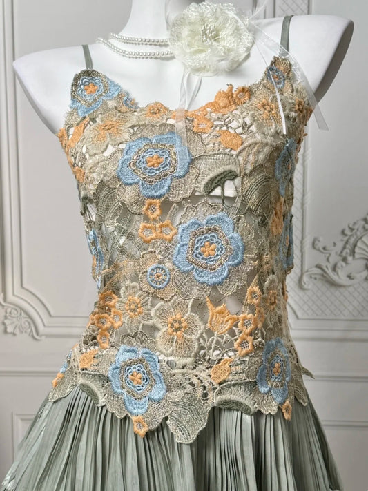 Delicate Sage Green Spaghetti Straps Colorful Floral Lace Bodice Tiered Pleated A Line Short Homecoming Dress AS2380