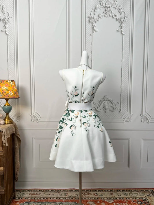Classic Fresh White Satin Sleeveless Round Neck Floral Print A‑Line Short Homecoming Dress With Bow Waist Sash AS2381
