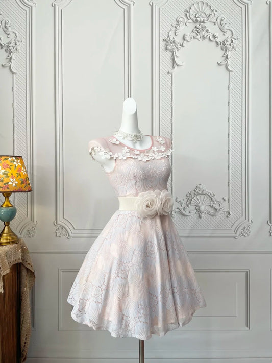 Sweet Pink Lace Sleeveless Round Neck Floral Applique A‑Line Short Homecoming Dress With Large Rose Waist Sash AS2382