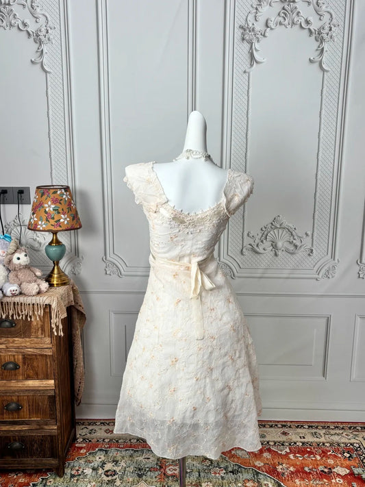 Chic Ivory Lace Square Neck Cap Sleeve Corset Lace‑Up Front Floral Embroidery A‑Line Short Homecoming Dress AS2384