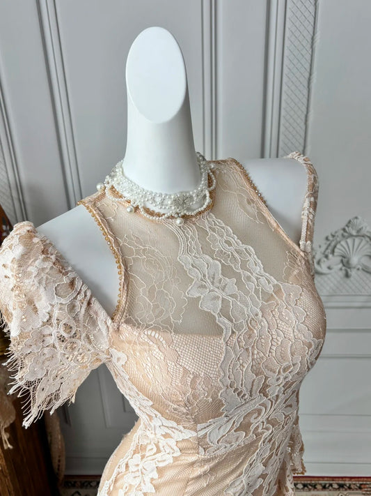 Glamorous Champagne Lace Cold‑Shoulder Short Sleeve High Neck Sheer Ruffled Mermaid Midi Homecoming Dress AS2385