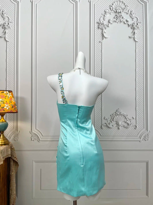 Stunning Turquoise Satin One‑Shoulder Beaded Strap Ruched Bodycon Short Homecoming Dress AS2386