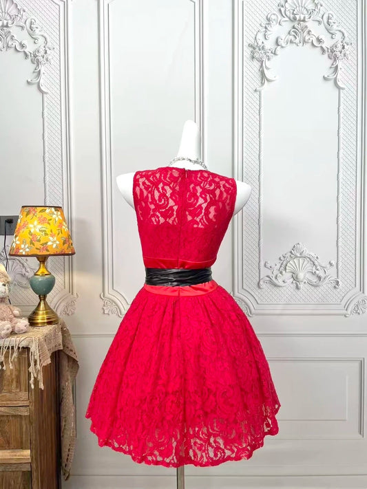 Glamorous Red Lace Sleeveless Round Neck A‑Line Short Homecoming Dress With Black Waist Bow Sash AS2387