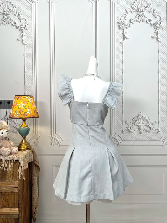 Lovely Dusty Blue Square Neck Ruffle Shoulder Rhinestone Trim Pleated A‑Line Short Homecoming Dress AS2388