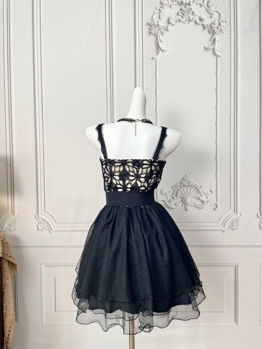 Edgy Black Straps Floral Lace Bodice Rhinestone Trim Tulle A‑Line Short Homecoming Dress With Bow Waist Sash AS2391