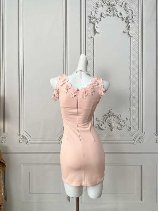 Sweet Blush Pink Sleeveless V Neck 3D Floral Applique Trim Bodycon Short Homecoming Dress AS2392