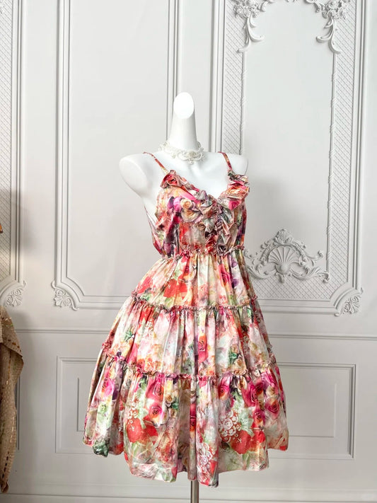 Vivid Floral Print Spaghetti Straps V‑Neck Ruffled Tiered A‑Line Short Homecoming Dress AS2395