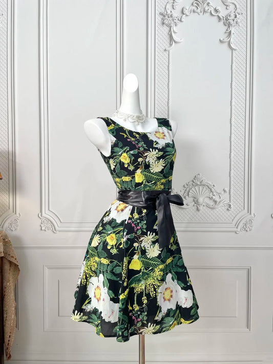 Striking Black Floral Print Sleeveless Round Neck A‑Line Short Homecoming Dress With Black Bow Waist Sash AS2397