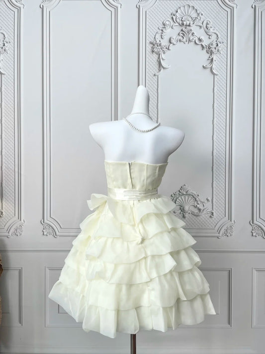 Elegant Ivory Strapless 3D Petal Ruffled Bodice Tiered Ruffle A‑Line Short Homecoming Dress With Waist Bow Sash AS2399