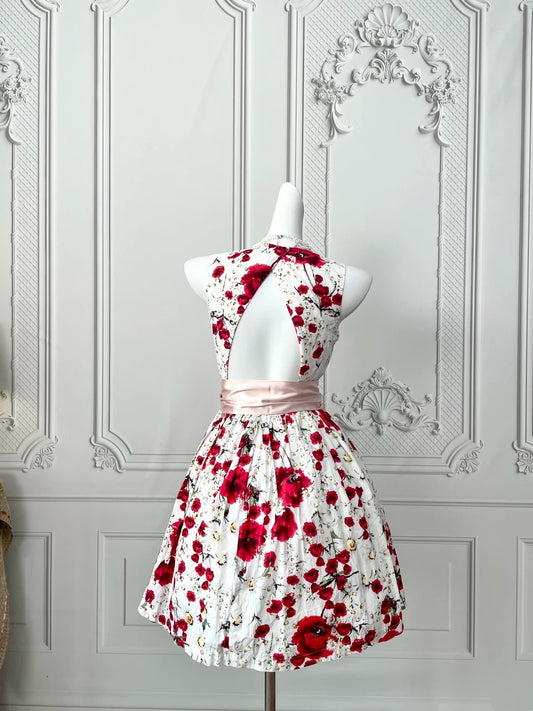 Vibrant White Red Floral Print Sleeveless Round Neck A‑Line Short Homecoming Dress With Bow Waist Sash AS2400