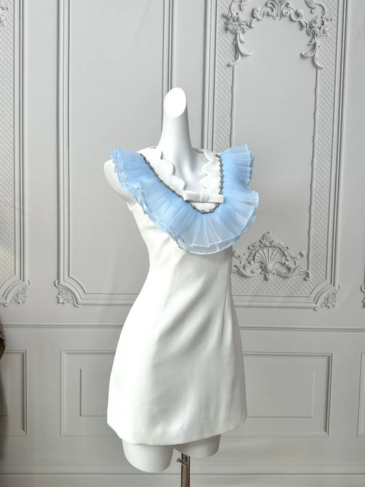 Chic White Satin Contrast Light Blue Ruffled Organza V Collar Rhinestone Trim Bow Detail Sleeveless Bodycon Short Homecoming Dress AS2403