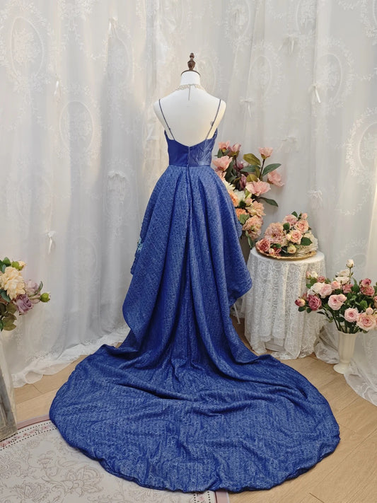 Exquisite Royal Blue Spaghetti Straps V‑Neck Lace Applique Beaded 3D Floral Bow High‑Low A‑Line Homecoming Dress With Chapel Train AS2408
