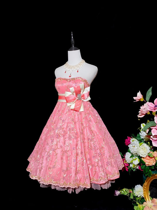 Sweet Pink Strapless Gold Lace Sequin Embroidery Rhinestone Large Contrast Bow A‑Line Short Homecoming Dress AS2409