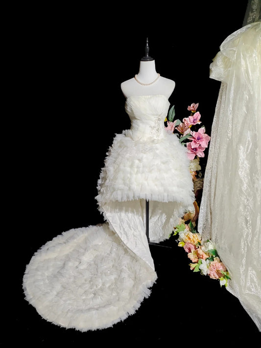 Divine Ivory Strapless Pleated Lace Appliques Layered Feather‑Like Ruffle Tulle High‑Low A Line Homecoming Dress With Chapel Train AS2416