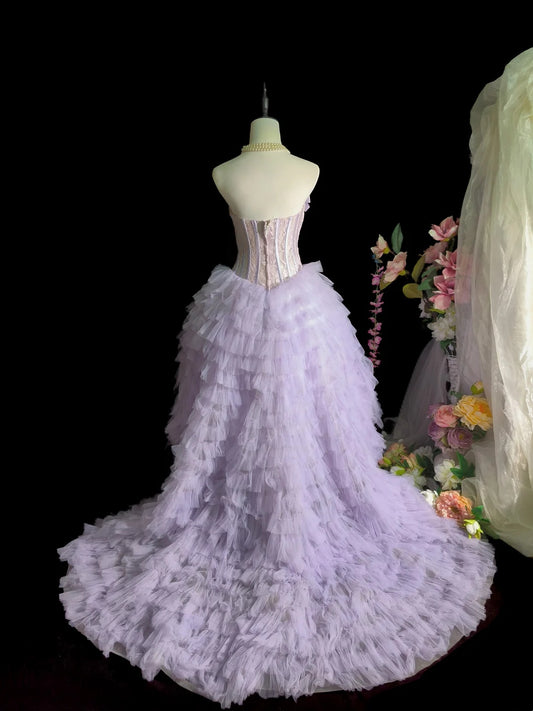 Dreamy Lavender Strapless Lace Corset Bow Rhinestone Accent Tiered Ruffle Tulle High‑Low Homecoming Dress With Chapel Train AS2418