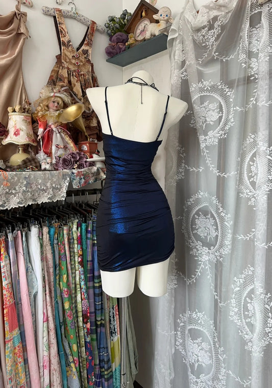 Sultry Navy Blue Shimmer Spaghetti Straps Ruffle Neck Ruched Bodycon Short Homecoming Dress AS2425