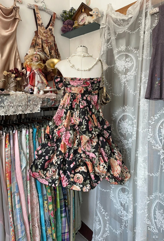 Playful Black Floral Print Strapless Large Front Bow Tiered Ruffled A Line Short Homecoming Dress AS2445