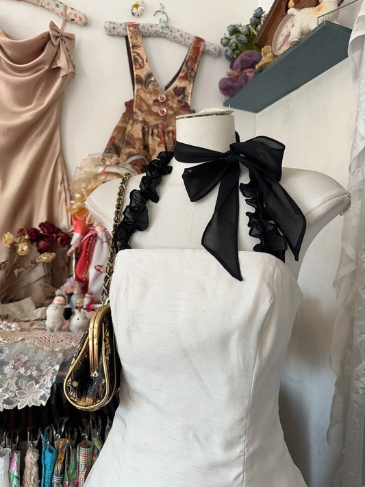 Chic White Sheer Halter Dress Black Neck Bow Ruffle Hem A‑Line Short Homecoming Dress AS2446
