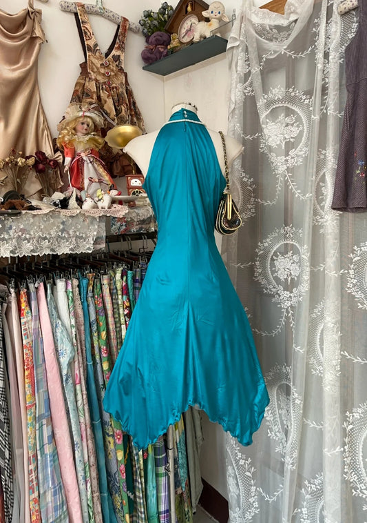 Vibrant Teal Satin Halter Crisscross Neck Cascading Ruffle A Line Midi Homecoming Dress AS2450