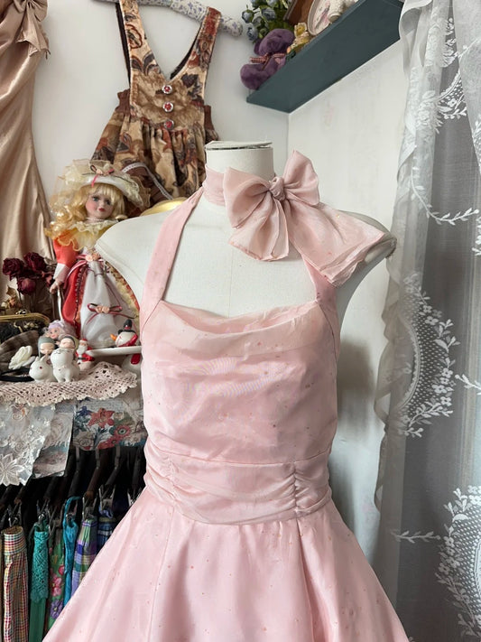 Sweet Pink Halter Choker Bow Glitter Ruched Waist A‑Line Midi Homecoming Dress AS2452