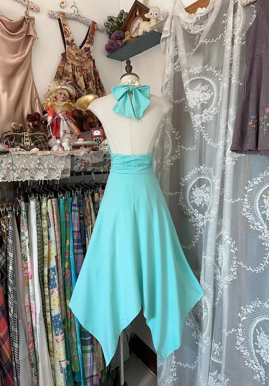 Fresh Turquoise Halter Deep V‑Neck Neck Bow Ruched Waist Asymmetrical Handkerchief Midi A Line Homecoming Dress AS2457